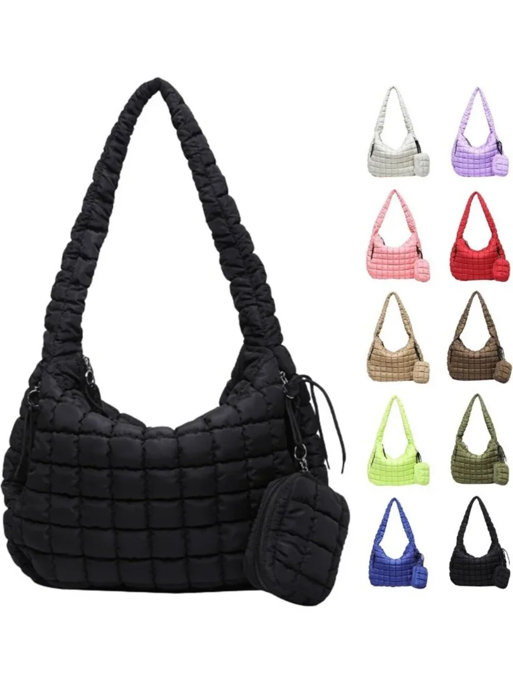 Large Quilted Puffer Tote Bag with Pouch | Stylish Puffy Hobo & Crossbody Purse